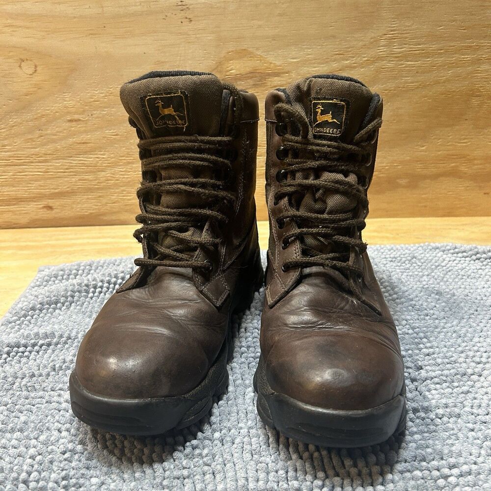 John Deere Men's Brown Leather Boots Waterproof Rubber Soles Size 9W